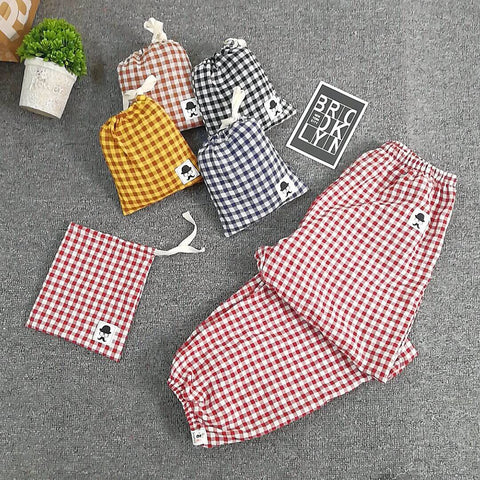 Spring and Summer New Casual Fashion Cotton Pajama Pants Plaid Ankle-Length Pants Womens Bottoms Elastic Waist Sleep Pijama