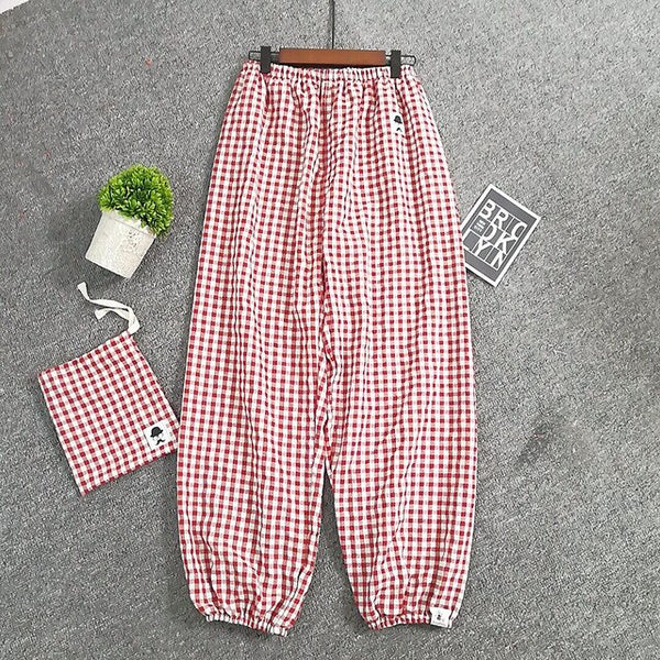 Spring and Summer New Casual Fashion Cotton Pajama Pants Plaid Ankle-Length Pants Womens Bottoms Elastic Waist Sleep Pijama