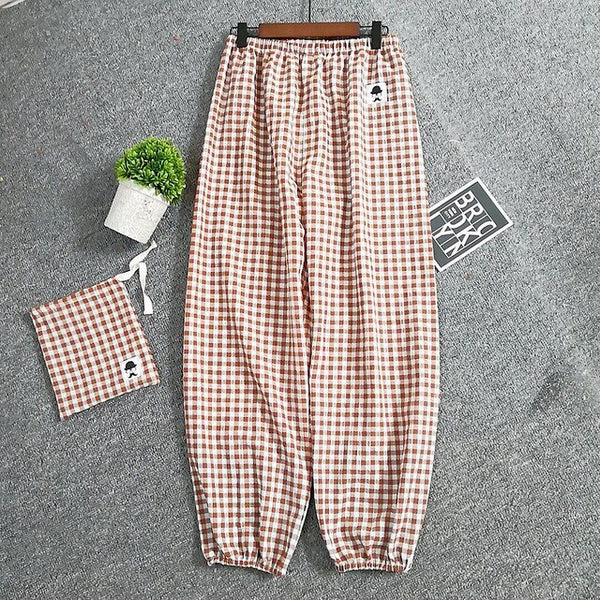 Spring and Summer New Casual Fashion Cotton Pajama Pants Plaid Ankle-Length Pants Womens Bottoms Elastic Waist Sleep Pijama