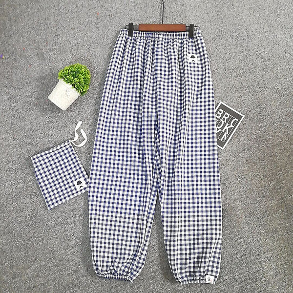 Spring and Summer New Casual Fashion Cotton Pajama Pants Plaid Ankle-Length Pants Womens Bottoms Elastic Waist Sleep Pijama