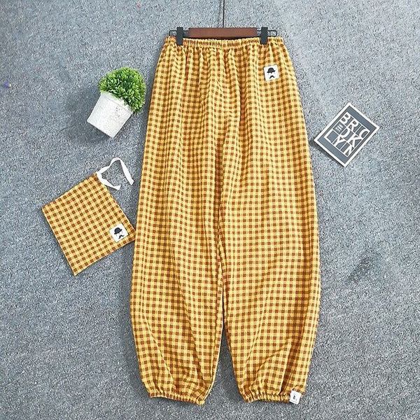 Spring and Summer New Casual Fashion Cotton Pajama Pants Plaid Ankle-Length Pants Womens Bottoms Elastic Waist Sleep Pijama