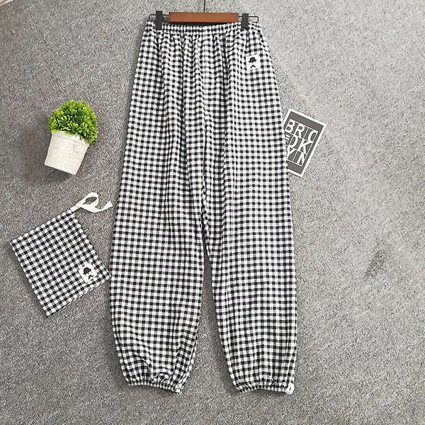 Spring and Summer New Casual Fashion Cotton Pajama Pants Plaid Ankle-Length Pants Womens Bottoms Elastic Waist Sleep Pijama