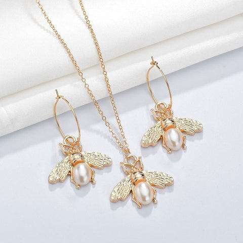 YANGQI 3PCS Women Trendy Earrings&Necklace Sets Bee Animal With Pearl Female Jewelry Women Wedding Jewelry Gold Chain