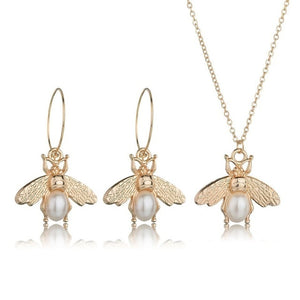 YANGQI 3PCS Women Trendy Earrings&Necklace Sets Bee Animal With Pearl Female Jewelry Women Wedding Jewelry Gold Chain