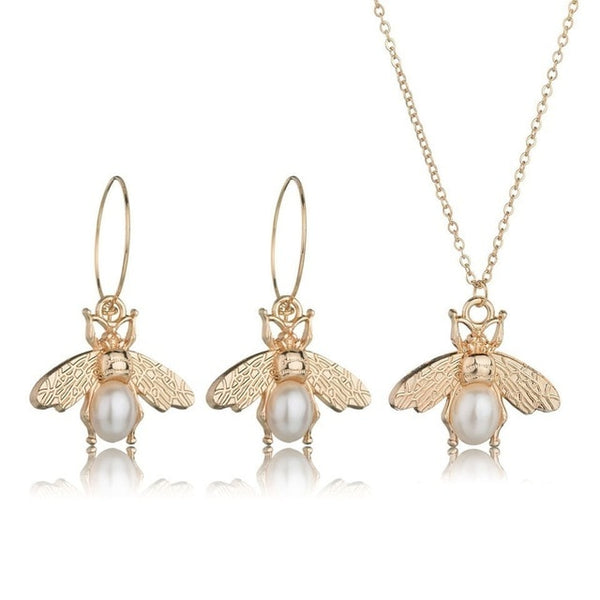 YANGQI 3PCS Women Trendy Earrings&Necklace Sets Bee Animal With Pearl Female Jewelry Women Wedding Jewelry Gold Chain