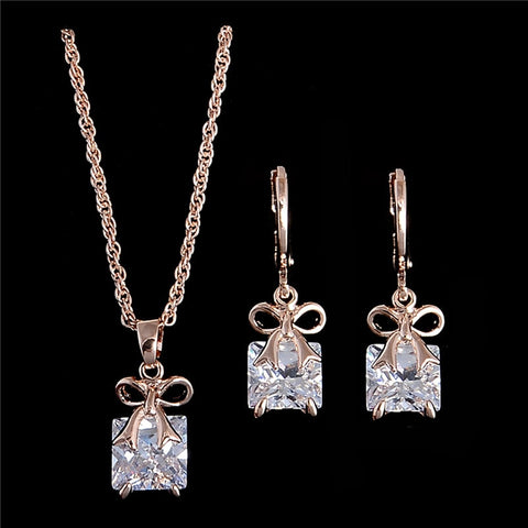 H:HYDE Hot sale Gold Color shiny pretty bow CZ Chain Necklace + Earrings Women's/Girl's Jewelry Sets Gifts