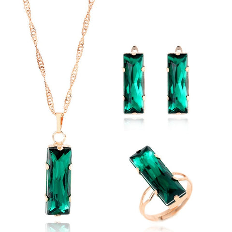 New Women Jewelry Set Gold Color Lovely Charm Green Gem Rectangle Earring Necklace Ring 3 Pcs Statement Jewelry Set For Wedding