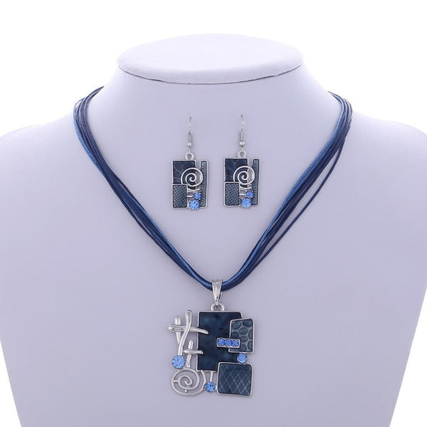 Enamel Geometry Pendant Necklace Earrings Set Silver Plated Wax Rope Layers Retro Jewelry Sets Fashion Circle Necklace Wedding