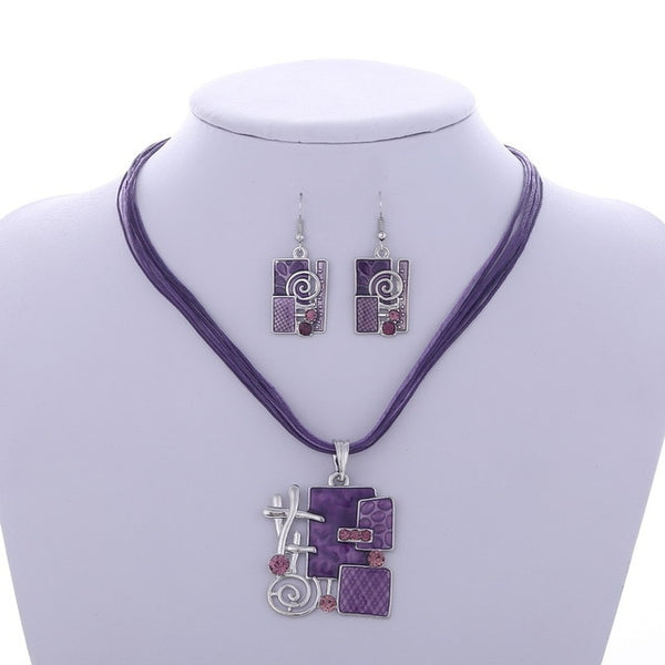 Enamel Geometry Pendant Necklace Earrings Set Silver Plated Wax Rope Layers Retro Jewelry Sets Fashion Circle Necklace Wedding