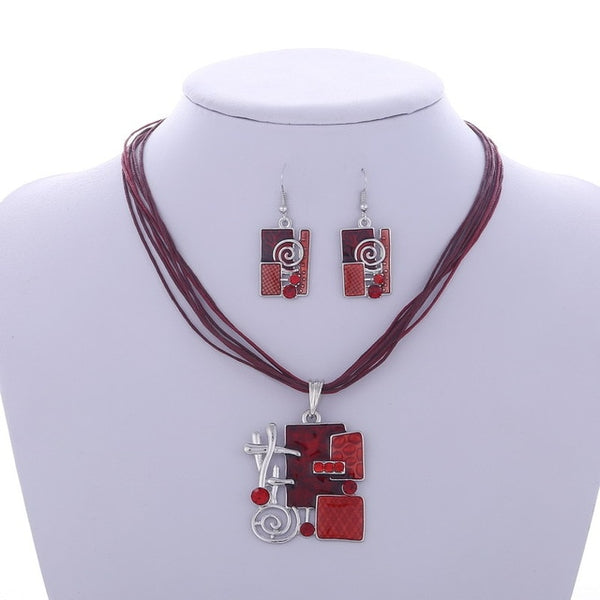 Enamel Geometry Pendant Necklace Earrings Set Silver Plated Wax Rope Layers Retro Jewelry Sets Fashion Circle Necklace Wedding