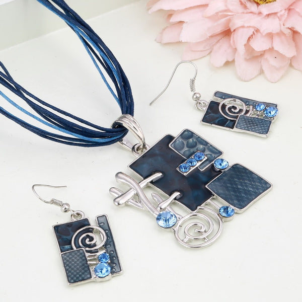 Enamel Geometry Pendant Necklace Earrings Set Silver Plated Wax Rope Layers Retro Jewelry Sets Fashion Circle Necklace Wedding