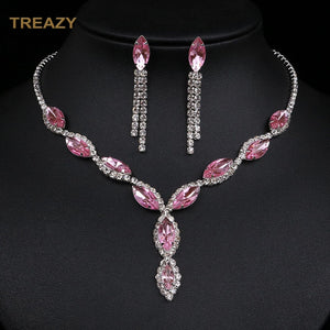 Fashion Leaf Tassel Wedding Jewelry Sets Charm Pink Crystal Choker Necklace Earrings Set Bridal Jewelry Sets Women Accessories