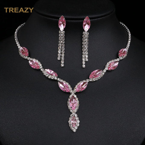 Fashion Leaf Tassel Wedding Jewelry Sets Charm Pink Crystal Choker Necklace Earrings Set Bridal Jewelry Sets Women Accessories