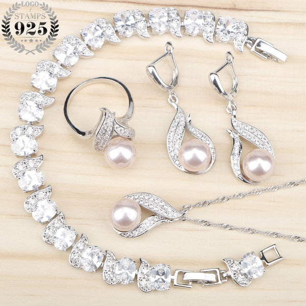 Women Costume Freshwater Natural Pearl 925 Silver Jewelry Sets White Zircon Bracelets Pendant&Necklace Rings Earrings Gift Box