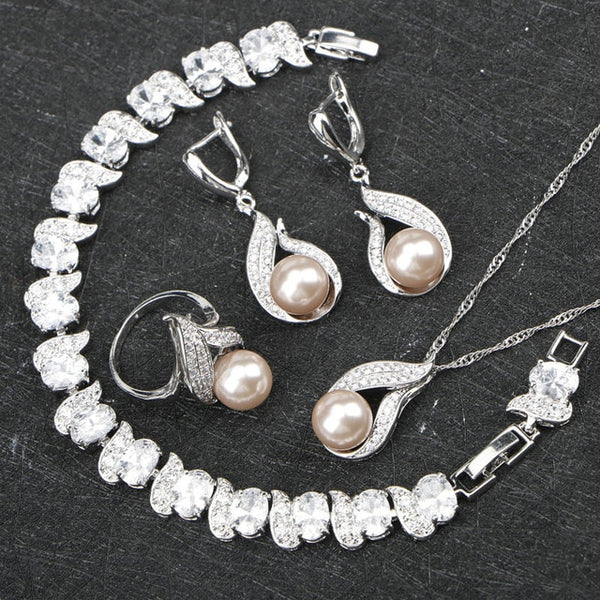 Women Costume Freshwater Natural Pearl 925 Silver Jewelry Sets White Zircon Bracelets Pendant&Necklace Rings Earrings Gift Box