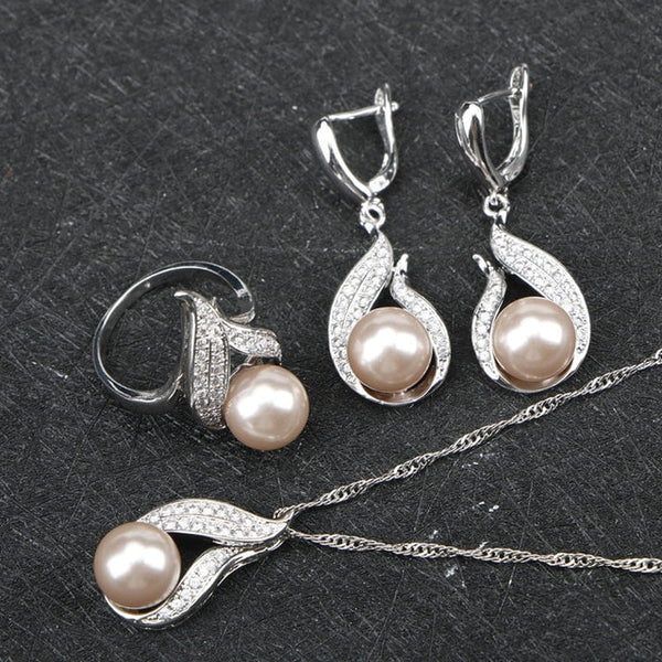 Women Costume Freshwater Natural Pearl 925 Silver Jewelry Sets White Zircon Bracelets Pendant&Necklace Rings Earrings Gift Box