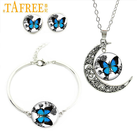 Romantic White And Blue Butterfly Art Picture Glass Necklace Stud Earrings Bracelet Jewelry Set Sets For Wedding For Gifts JS136