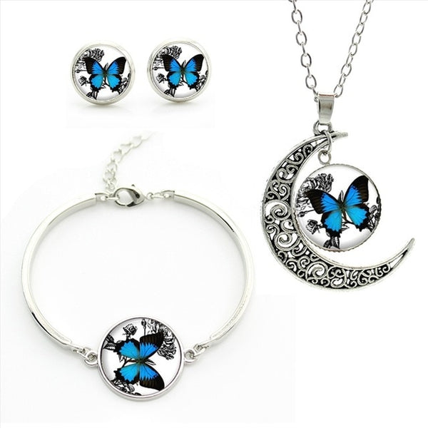 Romantic White And Blue Butterfly Art Picture Glass Necklace Stud Earrings Bracelet Jewelry Set Sets For Wedding For Gifts JS136