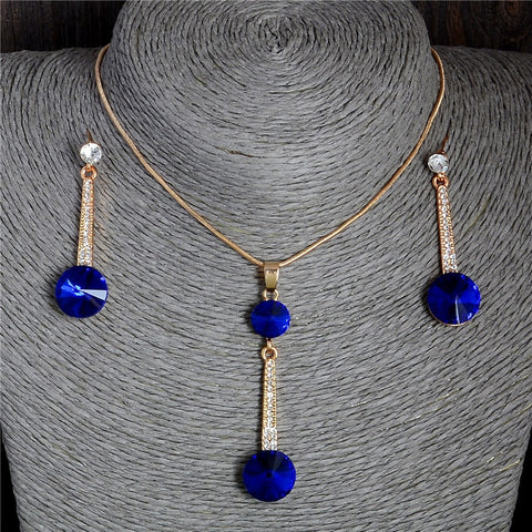 SHUANGR Gold Color Chain Blue Austrian Rhinestone Long Pendant Necklace Earrings Jewelry Sets For Women Wedding