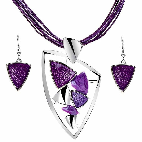 Vintage Enamel Jewelry Set Multilayer Leather Chain Hollow Round Gem Silver Pendant Necklace Earrings Summer Jewelry Sets Women