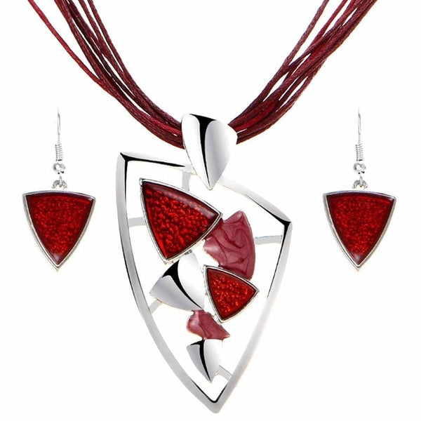Vintage Enamel Jewelry Set Multilayer Leather Chain Hollow Round Gem Silver Pendant Necklace Earrings Summer Jewelry Sets Women