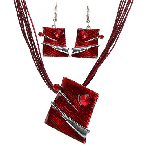 Vintage Enamel Jewelry Set Multilayer Leather Chain Hollow Round Gem Silver Pendant Necklace Earrings Summer Jewelry Sets Women