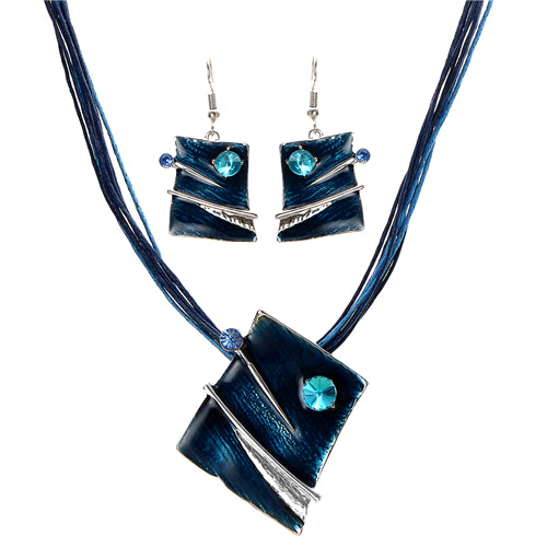 Vintage Enamel Jewelry Set Multilayer Leather Chain Hollow Round Gem Silver Pendant Necklace Earrings Summer Jewelry Sets Women