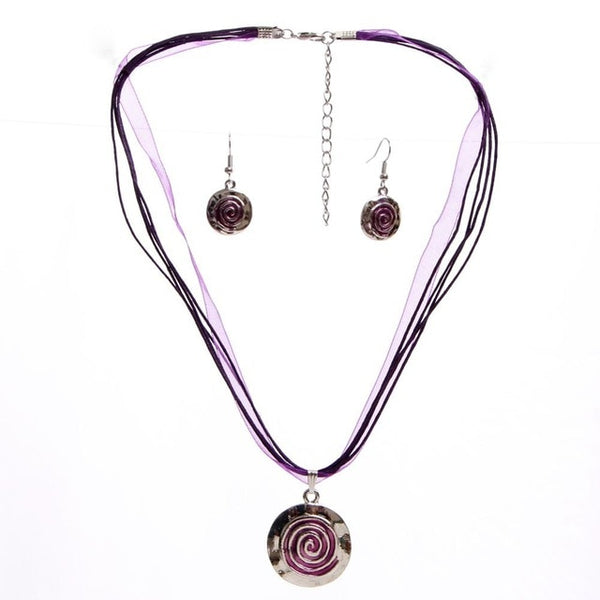 Vintage Enamel Jewelry Set Multilayer Leather Chain Hollow Round Gem Silver Pendant Necklace Earrings Summer Jewelry Sets Women
