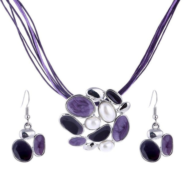 Fashion Gem Geometric Silver pendant necklace earring set leather chocker necklaces women boho jewelry set gift wholesale Price