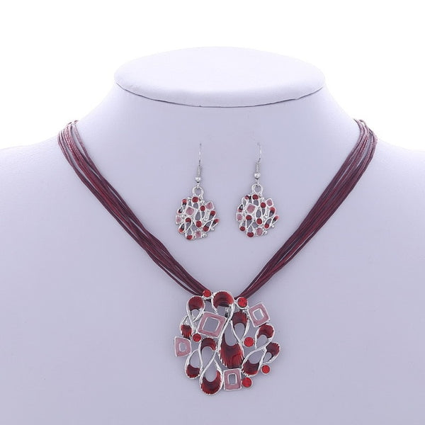 Fashion Gem Geometric Silver pendant necklace earring set leather chocker necklaces women boho jewelry set gift wholesale Price