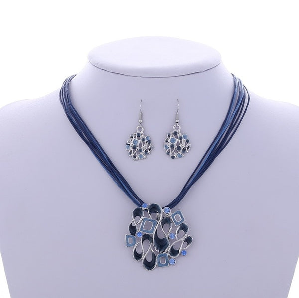 Fashion Gem Geometric Silver pendant necklace earring set leather chocker necklaces women boho jewelry set gift wholesale Price