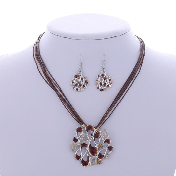 Fashion Gem Geometric Silver pendant necklace earring set leather chocker necklaces women boho jewelry set gift wholesale Price