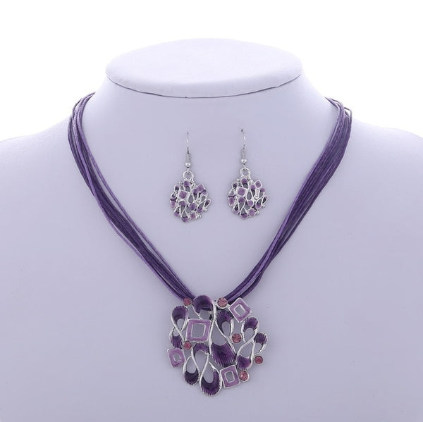 Fashion Gem Geometric Silver pendant necklace earring set leather chocker necklaces women boho jewelry set gift wholesale Price