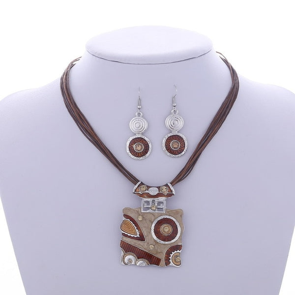 Fashion Gem Geometric Silver pendant necklace earring set leather chocker necklaces women boho jewelry set gift wholesale Price