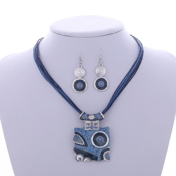 Fashion Gem Geometric Silver pendant necklace earring set leather chocker necklaces women boho jewelry set gift wholesale Price