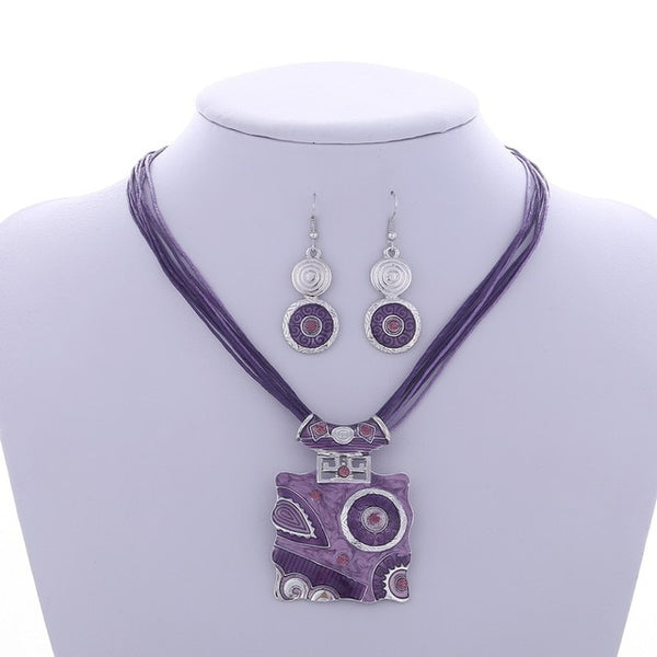 Fashion Gem Geometric Silver pendant necklace earring set leather chocker necklaces women boho jewelry set gift wholesale Price