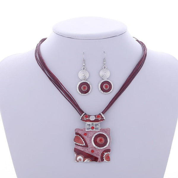 Fashion Gem Geometric Silver pendant necklace earring set leather chocker necklaces women boho jewelry set gift wholesale Price