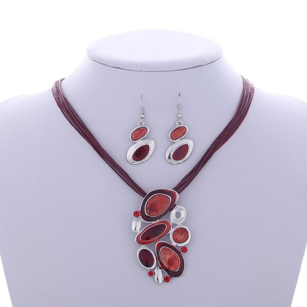 Fashion Gem Geometric Silver pendant necklace earring set leather chocker necklaces women boho jewelry set gift wholesale Price