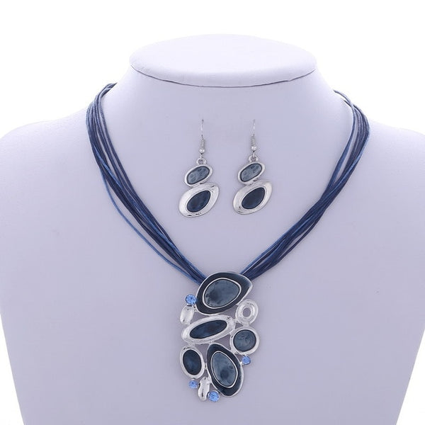 Fashion Gem Geometric Silver pendant necklace earring set leather chocker necklaces women boho jewelry set gift wholesale Price