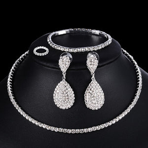 4 PCS Luxury Wedding Bridal Jewelry Sets for Brides Women Necklace Bracelet Ring Earring Set Elastic Rope Silver Crystal Jewelry