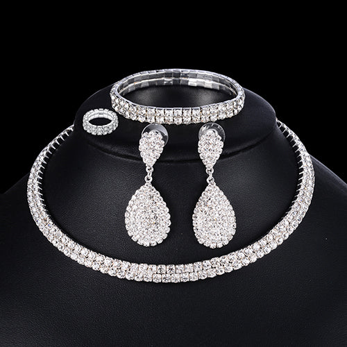 4 PCS Luxury Wedding Bridal Jewelry Sets for Brides Women Necklace Bracelet Ring Earring Set Elastic Rope Silver Crystal Jewelry