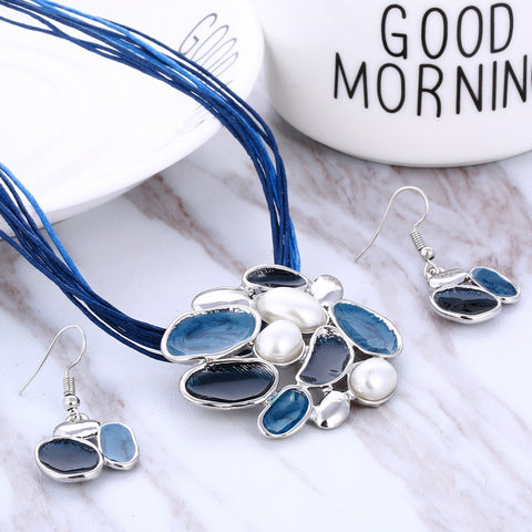 Fashion Gem Geometric Silver pendant necklace earring set leather chocker necklaces women boho jewelry set gift wholesale Price