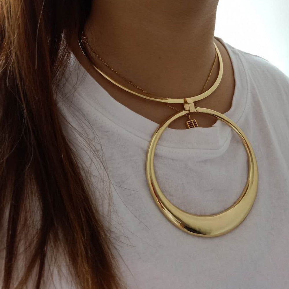 VIVILADY Boho Punk Round Circle Jewelry Sets Gold Color Statement Choker Necklace Earrings African Women Hiphop Party Gifts