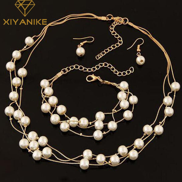 Imitation Pearl Jewelry Set Simulated Pearl Double Layer Women Earrings Necklace Bracelet Sets for Wedding N271