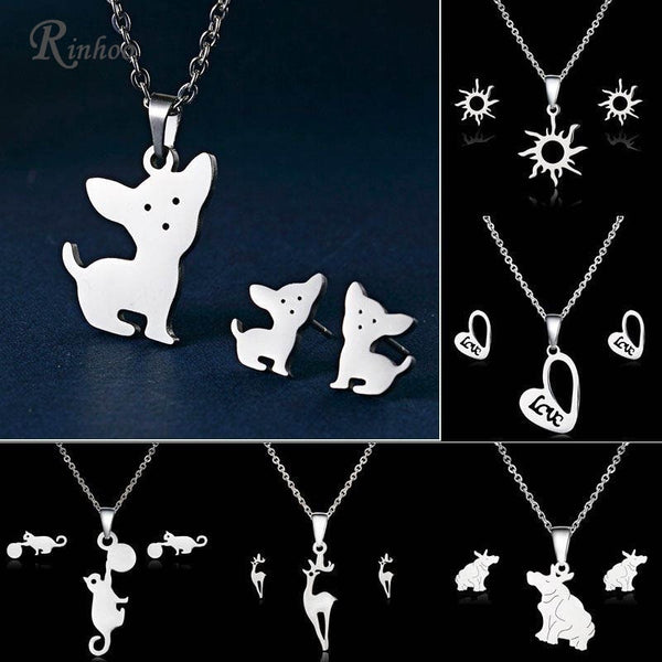 Rinhoo Cute Stainless Steel Animal Dog Cat Eagle Deer Heart Love Necklace Earrings Set Wedding Jewelry For Women Girl Sets