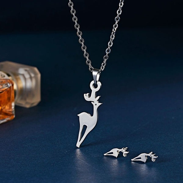 Rinhoo Cute Stainless Steel Animal Dog Cat Eagle Deer Heart Love Necklace Earrings Set Wedding Jewelry For Women Girl Sets