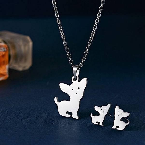 Rinhoo Cute Stainless Steel Animal Dog Cat Eagle Deer Heart Love Necklace Earrings Set Wedding Jewelry For Women Girl Sets