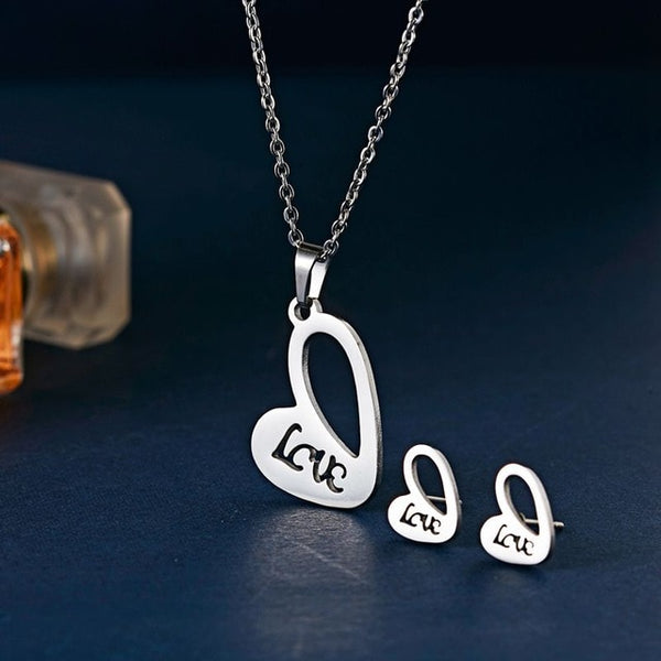 Rinhoo Cute Stainless Steel Animal Dog Cat Eagle Deer Heart Love Necklace Earrings Set Wedding Jewelry For Women Girl Sets