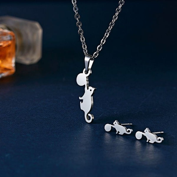 Rinhoo Cute Stainless Steel Animal Dog Cat Eagle Deer Heart Love Necklace Earrings Set Wedding Jewelry For Women Girl Sets