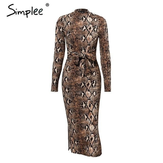 Simplee Sexy leopard print women long dresss  Autumn long sleeve sashes bodycon stretch dresses Elegant party female vesitidos